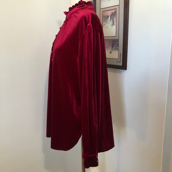 Red Velvet Ruffle Neck Blouse XL Long Sleeve Top Holiday Party Romantic Goth - Picture 5 of 10